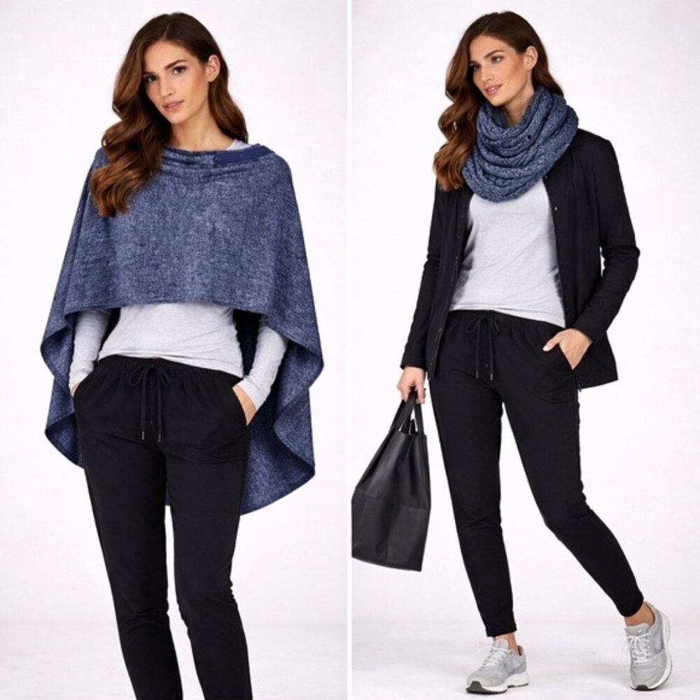 Lululemon Snap Scarf Wrap Navy Marled OS Poncho Athleisure Cozy - Picture 2 of 14